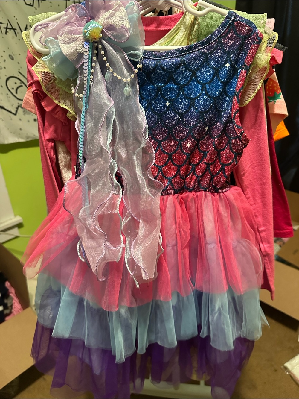 SHEIN Pink, Purple & Blue Mermaid Tulle Dress with Hair Bow